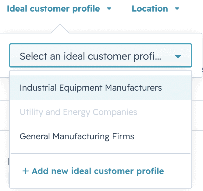HubSpot's ideal customer profile dropdown suggesting options like Industrial Equipment Manufacturers and General Manufacturing Firms